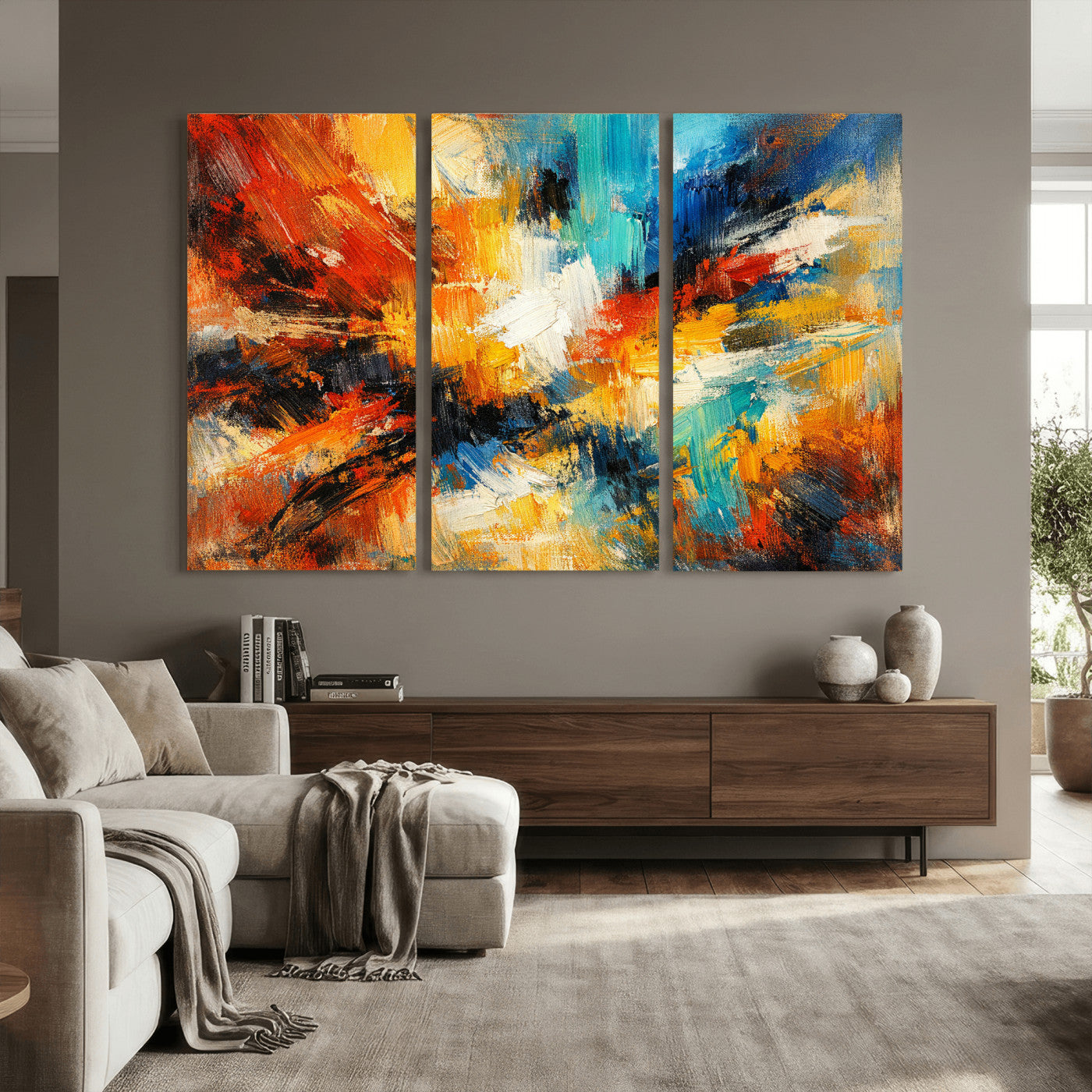 93167583-MGV-CV-36X24 - Geometric Abstract Wall Art Canvas Print, Orange Blue Abstract Expressionist Painting Print, Modern Geometric Abstract Canvas Art
