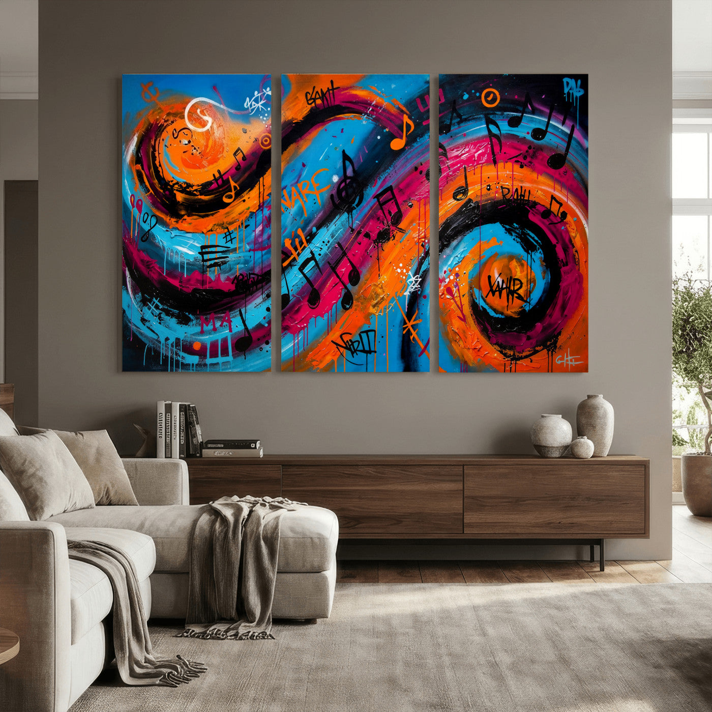 34936518-MGV-CV-36X24 - Geometric Abstract Wall Art Canvas Print, Orange Blue Abstract Expressionist Painting Print, Modern Geometric Abstract Canvas Art