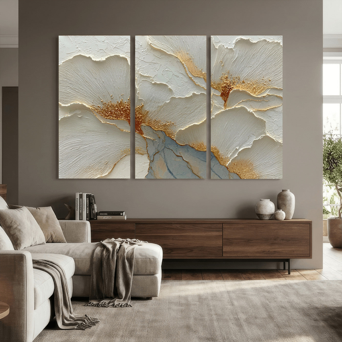 4712069F1-MGV-CV-36X24 - White Gold Floral Canvas Wall Art — Textured Flower Print | Luxury Botanical Decor | Elegant Bedroom Art | Gold Leaf Wall Art Gift