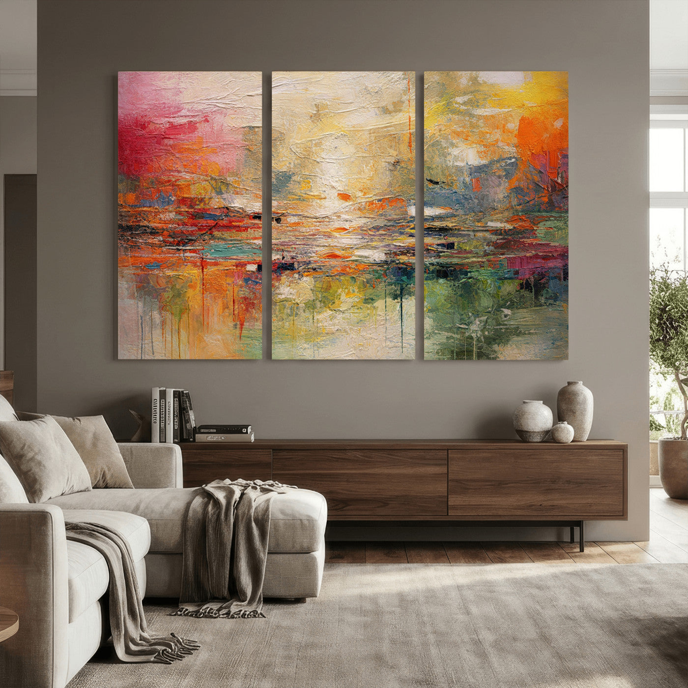 4712069P1-MGV-CV-36X24 - Colorful Abstract Canvas Wall Art — Large Textured Oil Painting Style Print | Orange Red Boho Wall Decor | Modern Living Room Art | Bold Wall Art