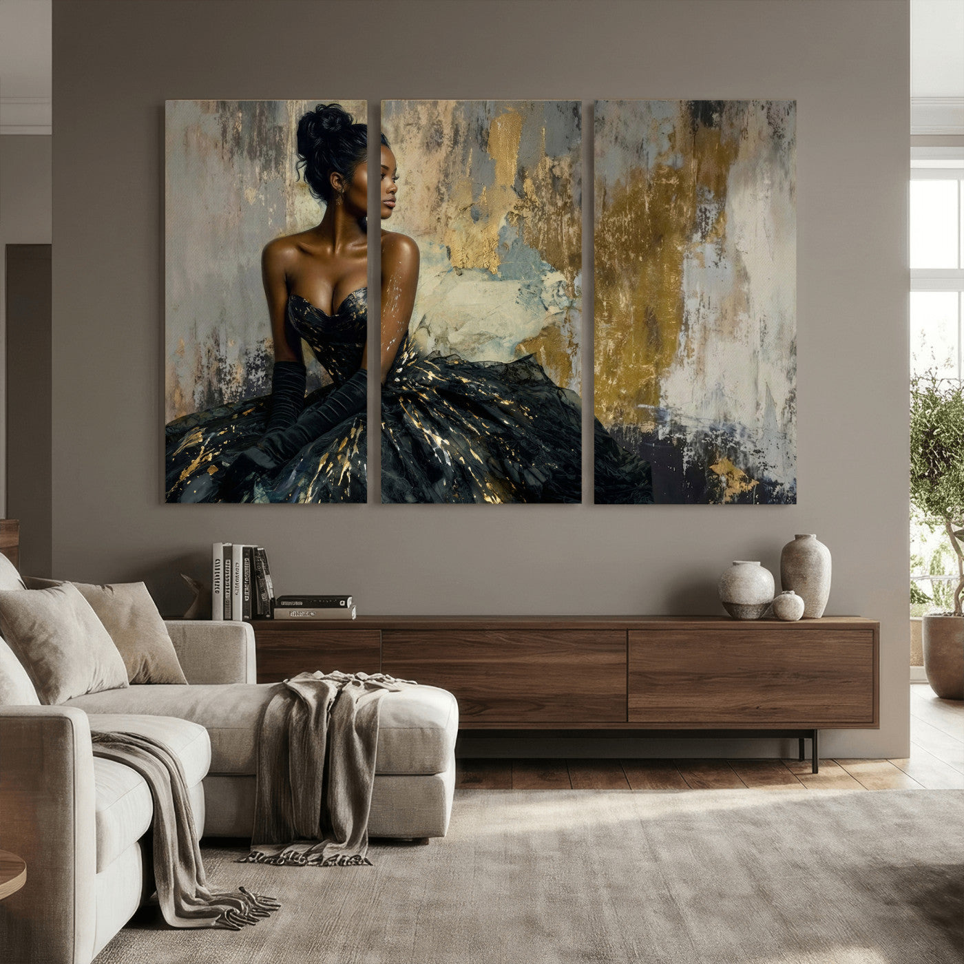 4712069Z1-MGV-CV-36X24 - Elegant Woman Canvas Wall Art — Black Gold Gown Fashion Print | Luxury Glam Wall Decor | African American Art | Bold Bedroom Wall Art Gift