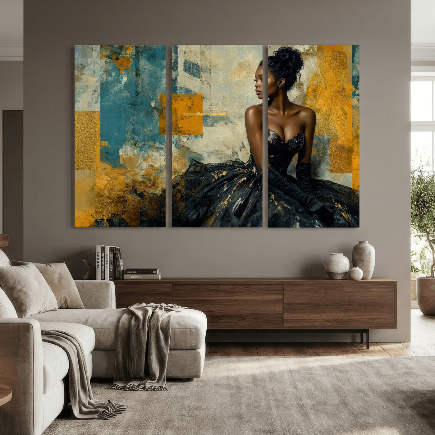 4712069Z21-MGV-CV-36X24 - Elegant Woman Canvas Wall Art — Black Gold Gown Fashion Print | Luxury Glam Wall Decor | African American Art | Bold Bedroom Wall Art Gift