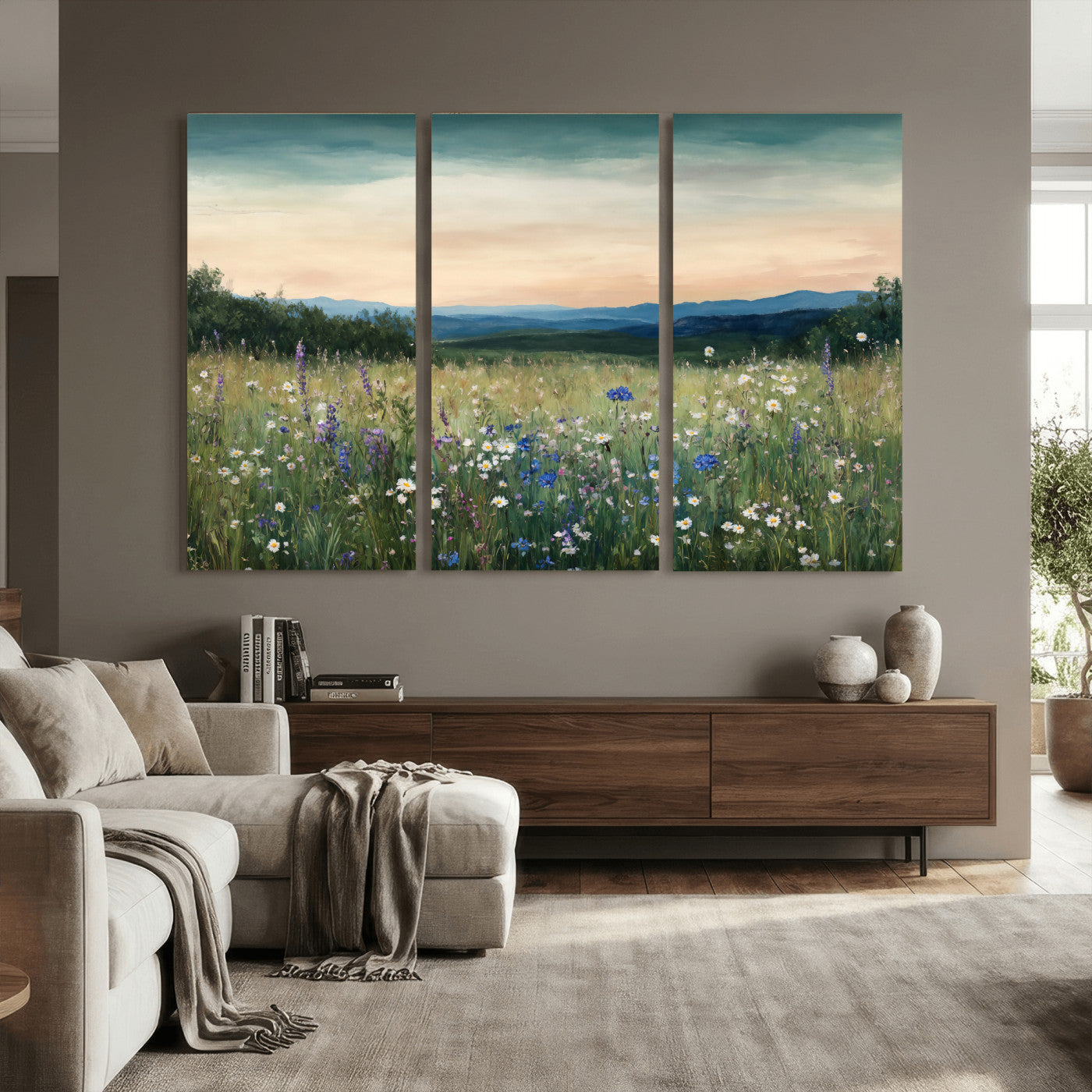 35773805-MGV-CV-36X24 - Wildflower Meadow Oil Painting Canvas Print - Daisy Lavender Mountain Sunset Print | Cottagecore Floral Wall Art - Bedroom Decor Gift for Her