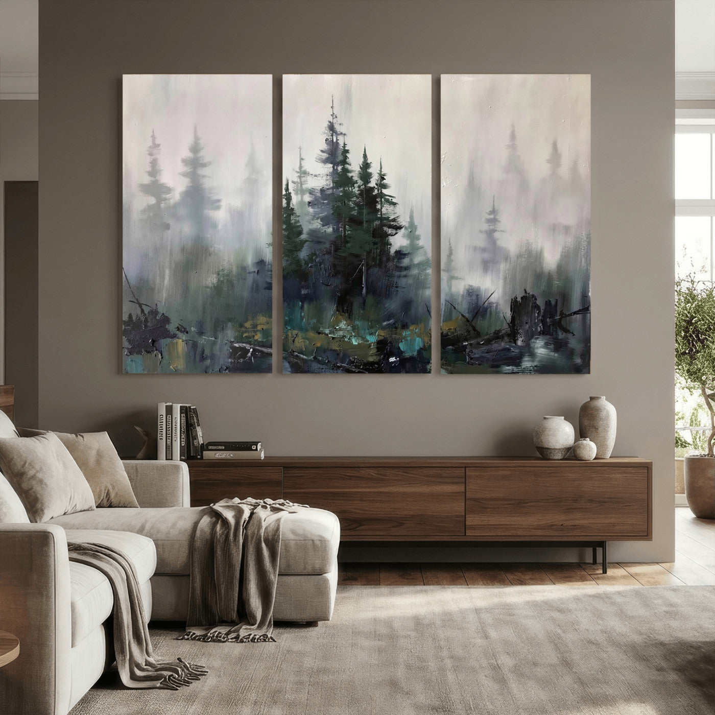 94143325-MGV-CV-36X24 - Misty Pine Forest Oil Painting Canvas — Dark Moody Teal Grey Tree Print | Japandi Scandinavian Wall Art | Minimalist Nature Decor Gift