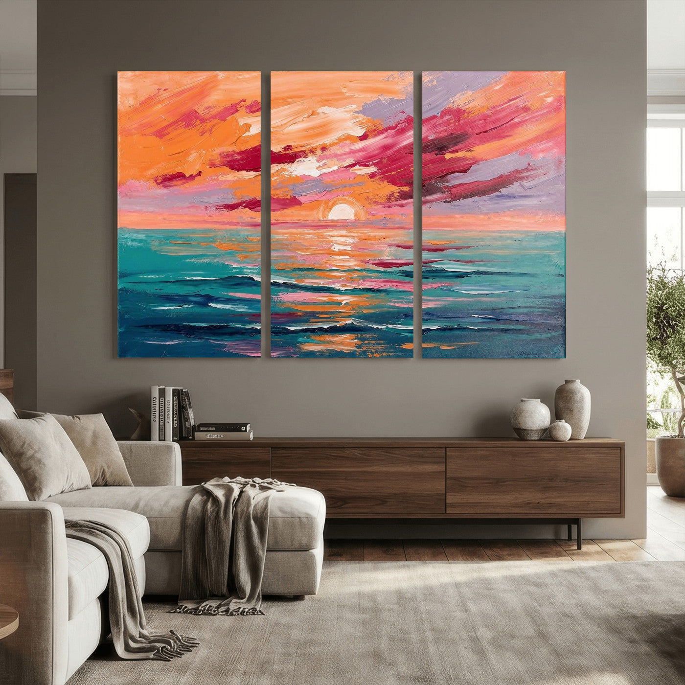 26763902-MGV-CV-36X24 - Bold Palette Knife Ocean Sunset Canvas — Orange Pink Teal Expressionist Sea Print | Colorful Coastal Wall Art | Vibrant Beach Decor Gift