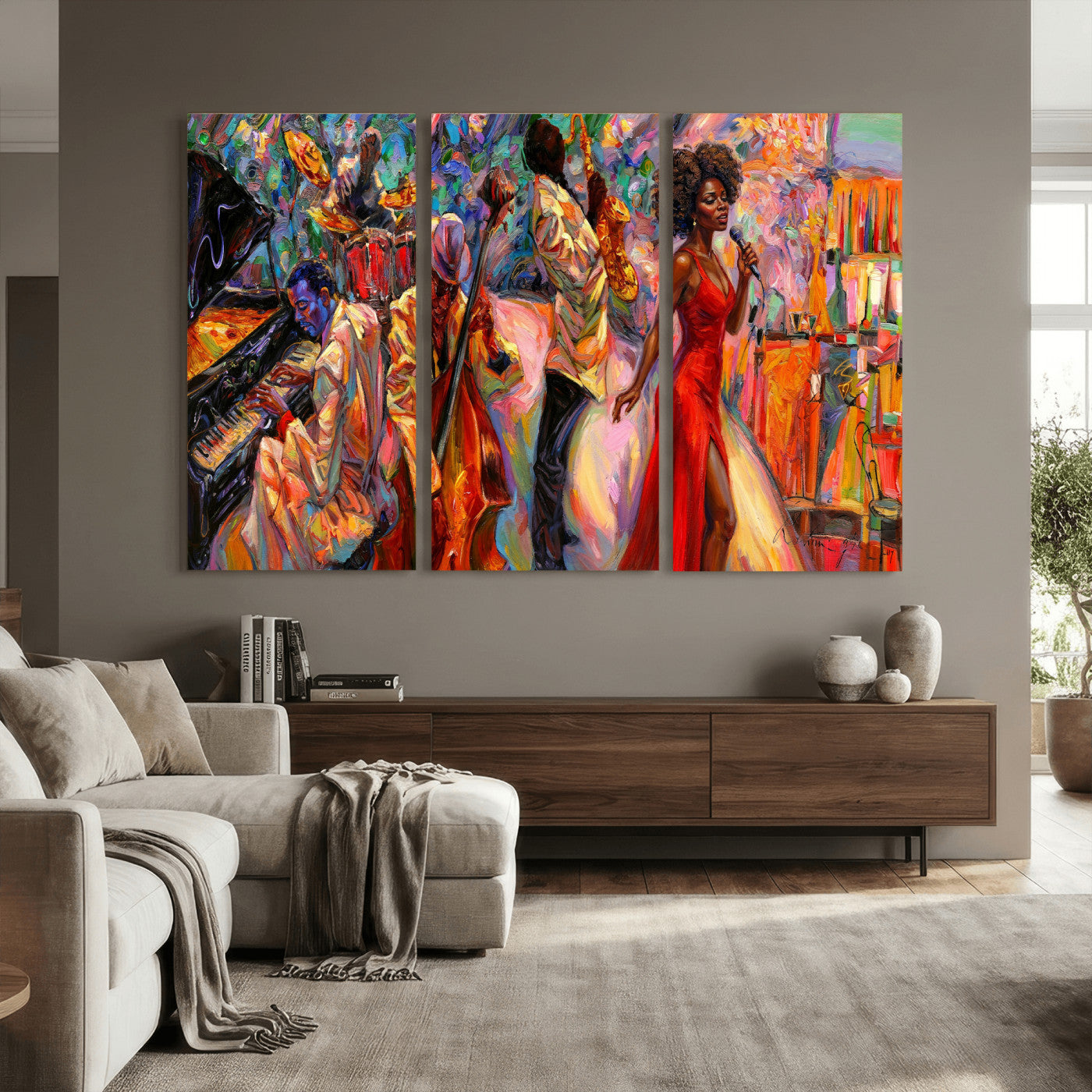 72615137-MGV-CV-36X24 - African American Jazz Singer Canvas Art - Red Dress Black Woman Music Print | Colorful Jazz Band Wall Decor | Living Room Gift for Her