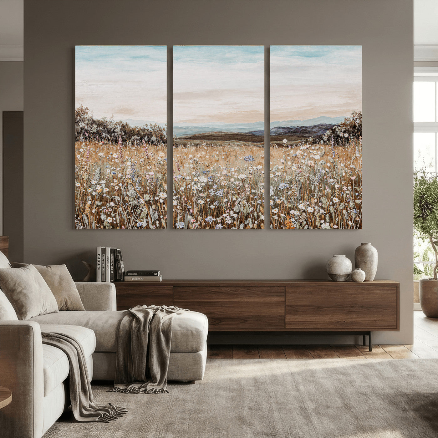 F35773805-MGV-CV-36X24 - Neutral Wildflower Field Canvas Wall Art — Beige Earth Tone Botanical Meadow Print | Farmhouse Boho Decor | Bedroom Living Room Gift Her