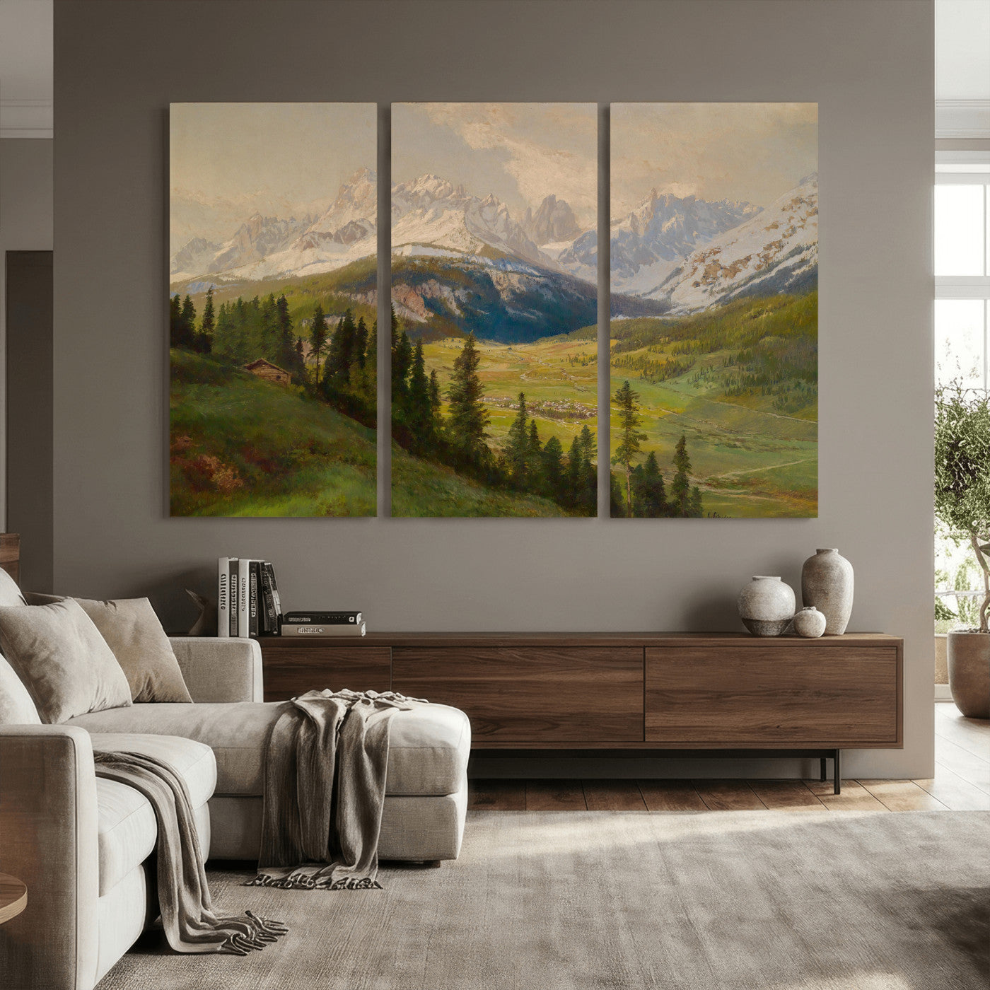 23120262-MGV-CV-36X24 - Konrad Petrides Sexten Village Canvas Print, Alpine Mountain Valley Painting, Dolomites Landscape Art