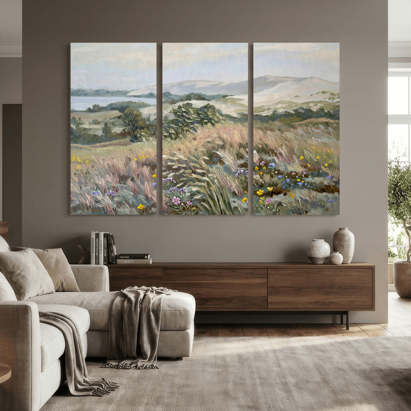 18013232-MGV-CV-36X24 - Katie Staples Hillside Canvas Wall Art — Coastal Wildflower Dune Oil Painting Print | Muted Green Nature Decor | Plein Air Landscape Gift