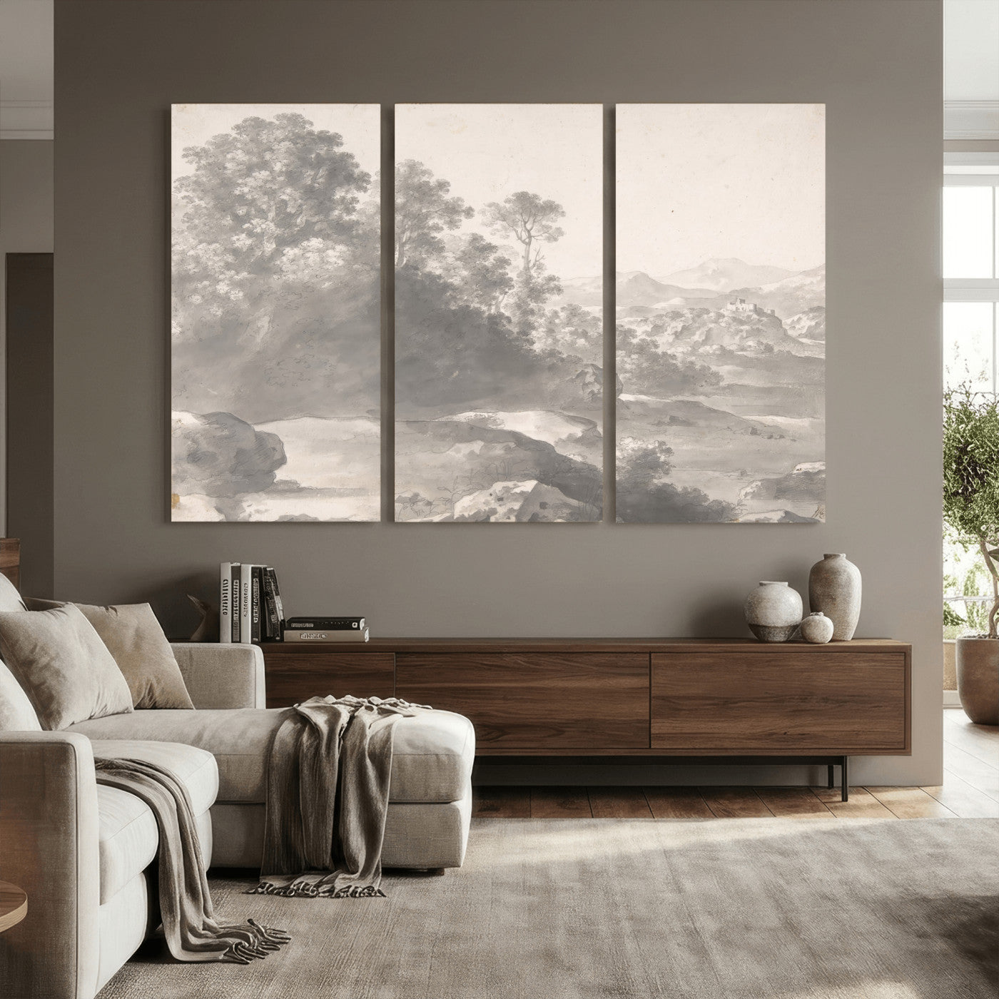 33041209-MGV-CV-36X24 - Van Poelenburch Landscape Canvas Wall Art — Dutch Golden Age Gray Wash Drawing Print | Baroque Italianate Nature Decor | Old Master Classic Gift