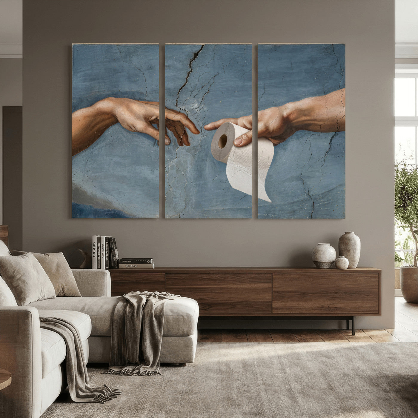 42648143-MGV-CV-36X24 - Funny Bathroom Canvas Wall Art, Michelangelo Creation of Adam Toilet Paper Parody, Renaissance Humor Print, Quirky Housewarming Gift, Toilet Room Decor