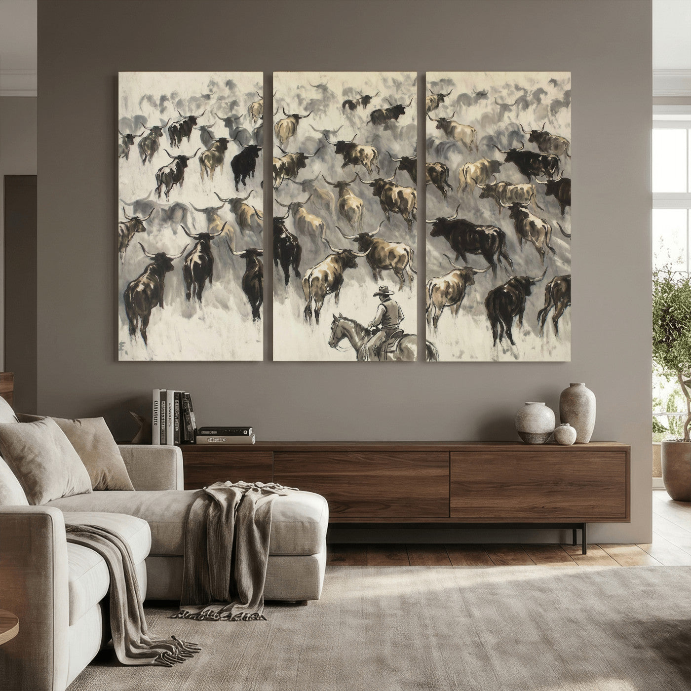 48049876-MGV-CV-36X24 - Cowboy Cattle Drive Canvas Wall Art, Western Longhorn Herd Ink Painting Print, Ranch Rodeo Decor, Black White Western Art, Large Living Room Art