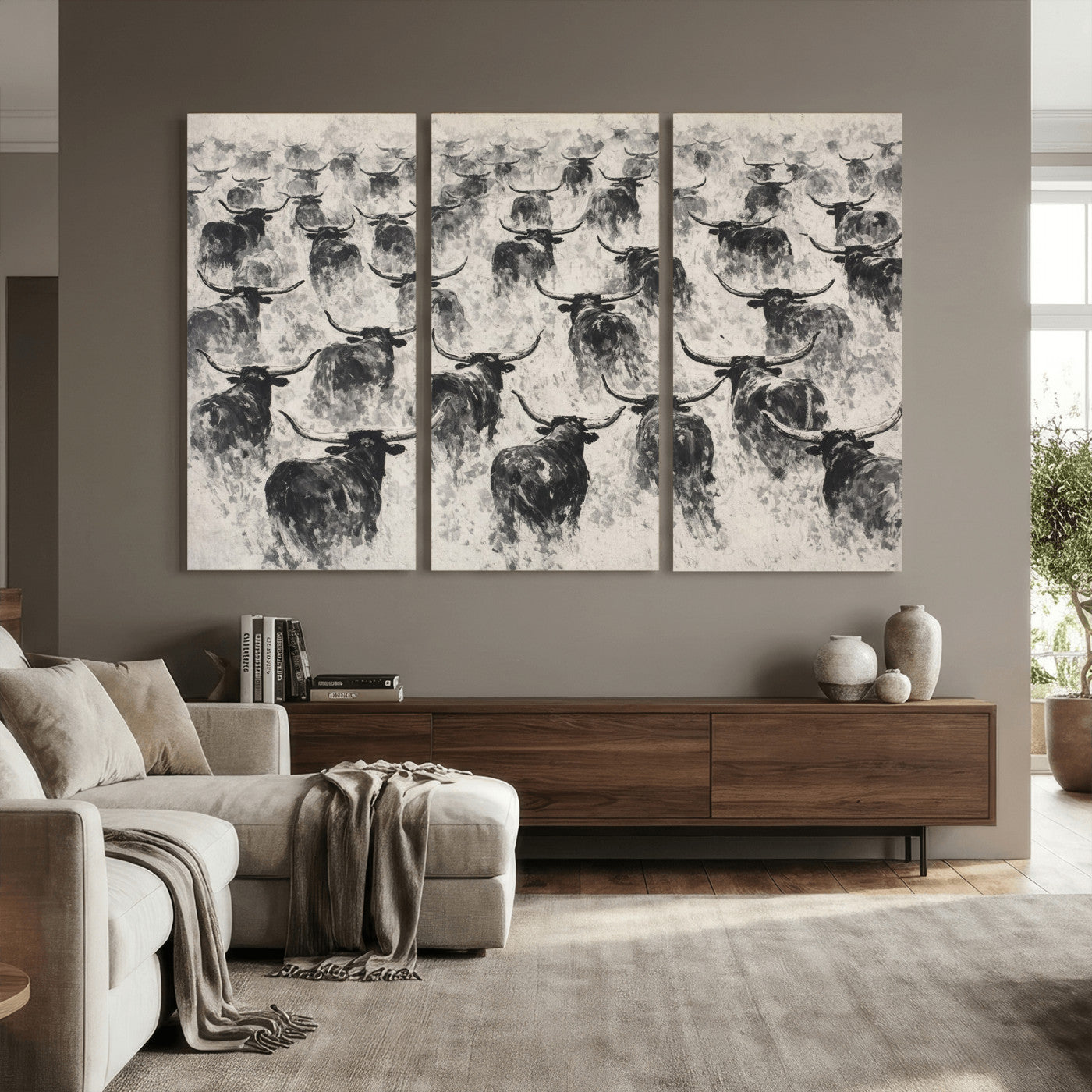 73328525-MGV-CV-36X24 - Texas Longhorn Drawing Canvas Wall Art, Western Cattle Stampede Painting Print, Warm Amber Ranch Decor, Rustic Cowboy Home Art, Large Living Room Decor