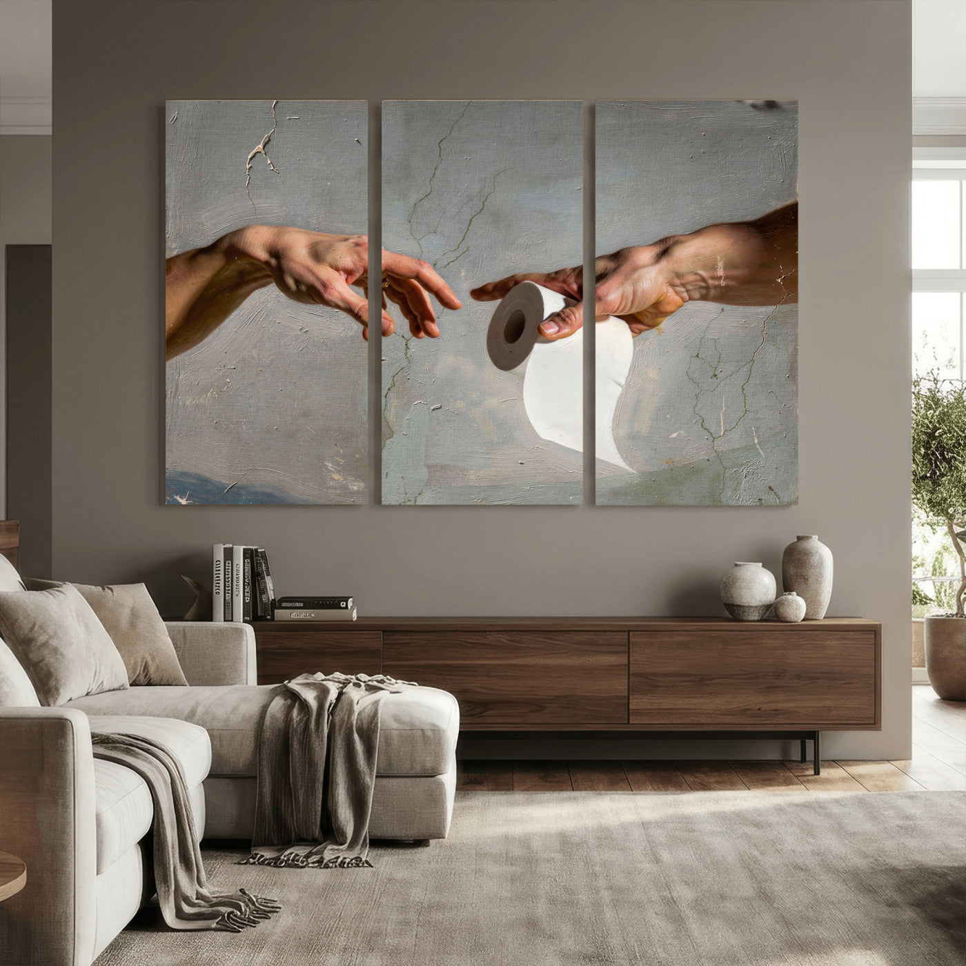 72030048-MGV-CV-36X24 - Funny Bathroom Wall Art Canvas, Creation of Toilet Paper Parody Print, Renaissance Humor Decor, Toilet Room Art, Quirky Housewarming Gift, Classic Art Spoof