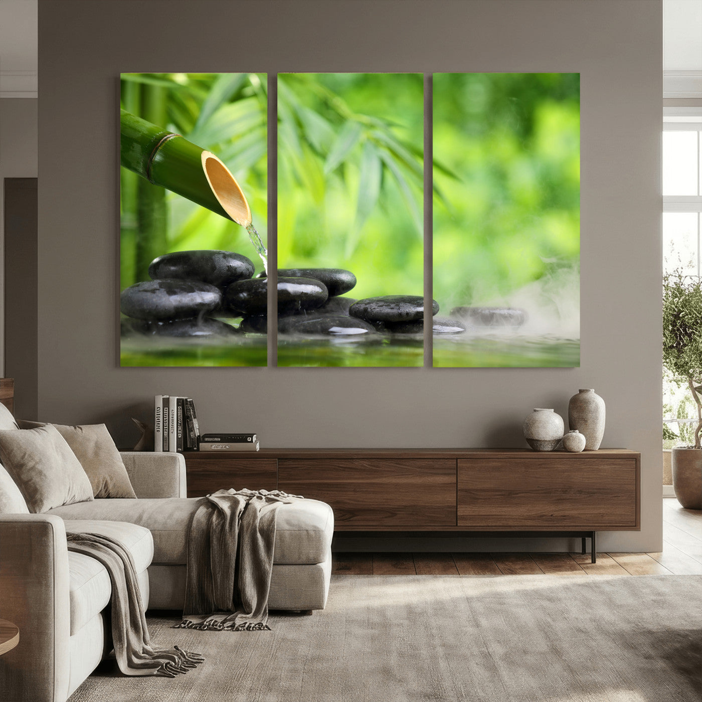 26961320-MGV-CV-36X24 - Bamboo Water Flow Black Stone Canvas | Zen Spa Nature Photography Print | Green Mist Japanese Garden Wall Art | Tranquil Decor
