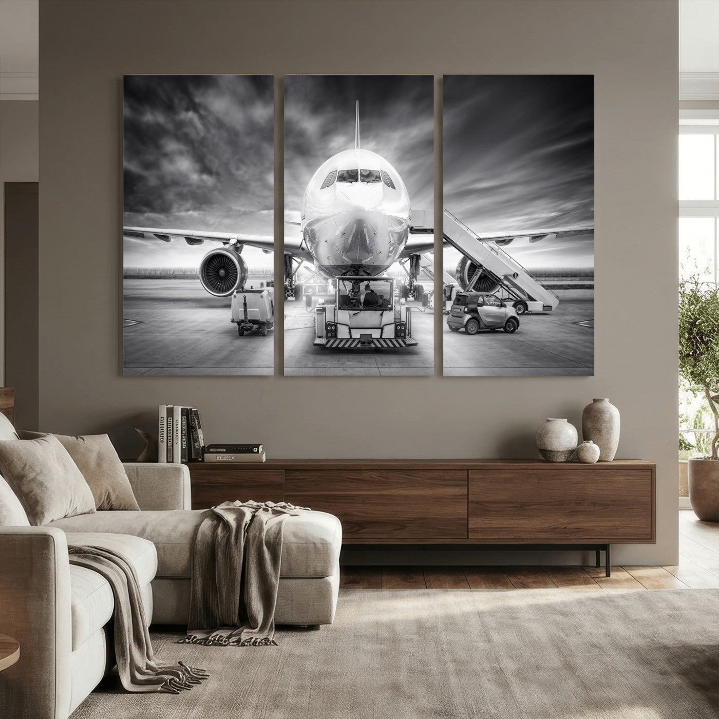 85885848-MGV-CV-36X24 - Airplane Wall Art Canvas Print, Black and White Jet Aircraft Airport Runway Framed Aviation Artwork for Pilot Office Hangar Travel Decor