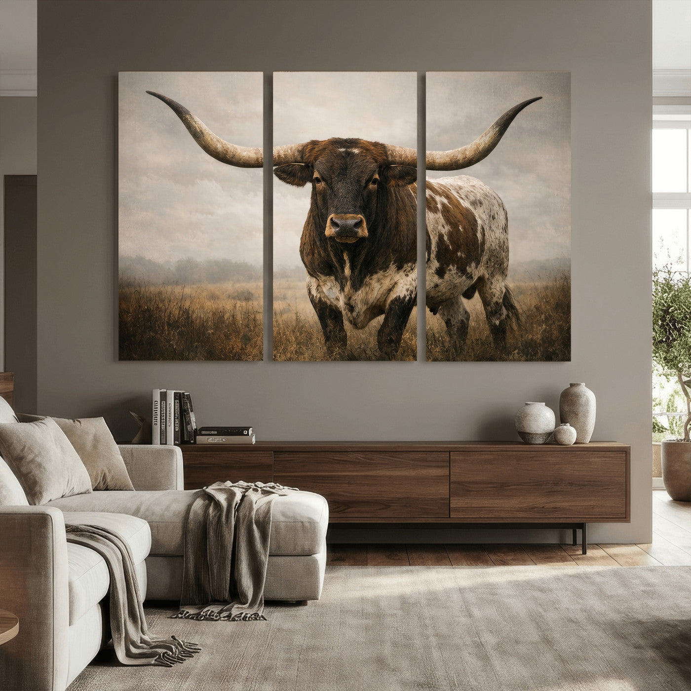 17622011L-MGV-CV-36X24 - Longhorn Bull Wall Art Canvas Print, Western Farmhouse Cowboy Decor, Rustic Texas Ranch Cattle Artwork for Living Room Bedroom Office, Framed Wall Decor
