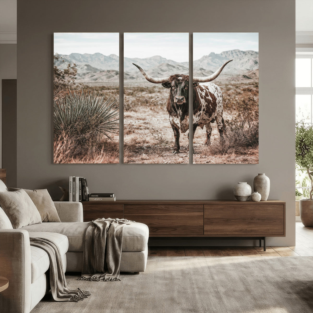 17622011H-MGV-CV-36X24 - Texas Longhorn Bull Wall Art Canvas Print, Western Farmhouse Cowboy Decor, Rustic Texas Ranch Cattle Artwork for Living Room Bedroom Office, Framed Wall Decor