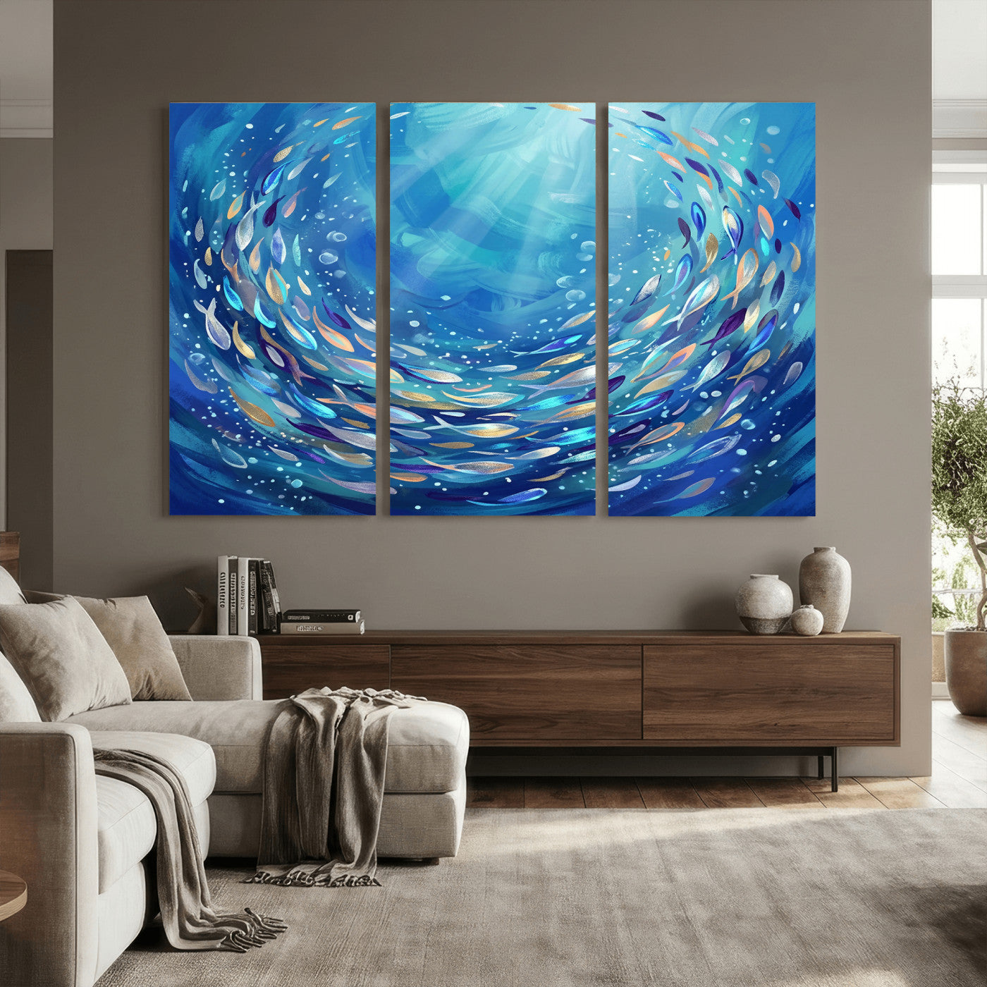 78699899-MGV-CV-36X24 - School of Fish Canvas Print | Blue Ocean Underwater Wall Art | Swirling Fish Shoal Illustration | Marine Navy Coastal Decor