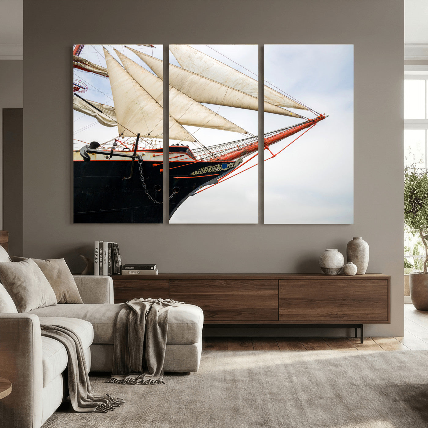 64830036-MGV-CV-36X24 - Sailboat Wall Art Canvas Print, Vintage Ship Bow Framed Artwork, Nautical Sailing Decor for Living Room Office Beach House