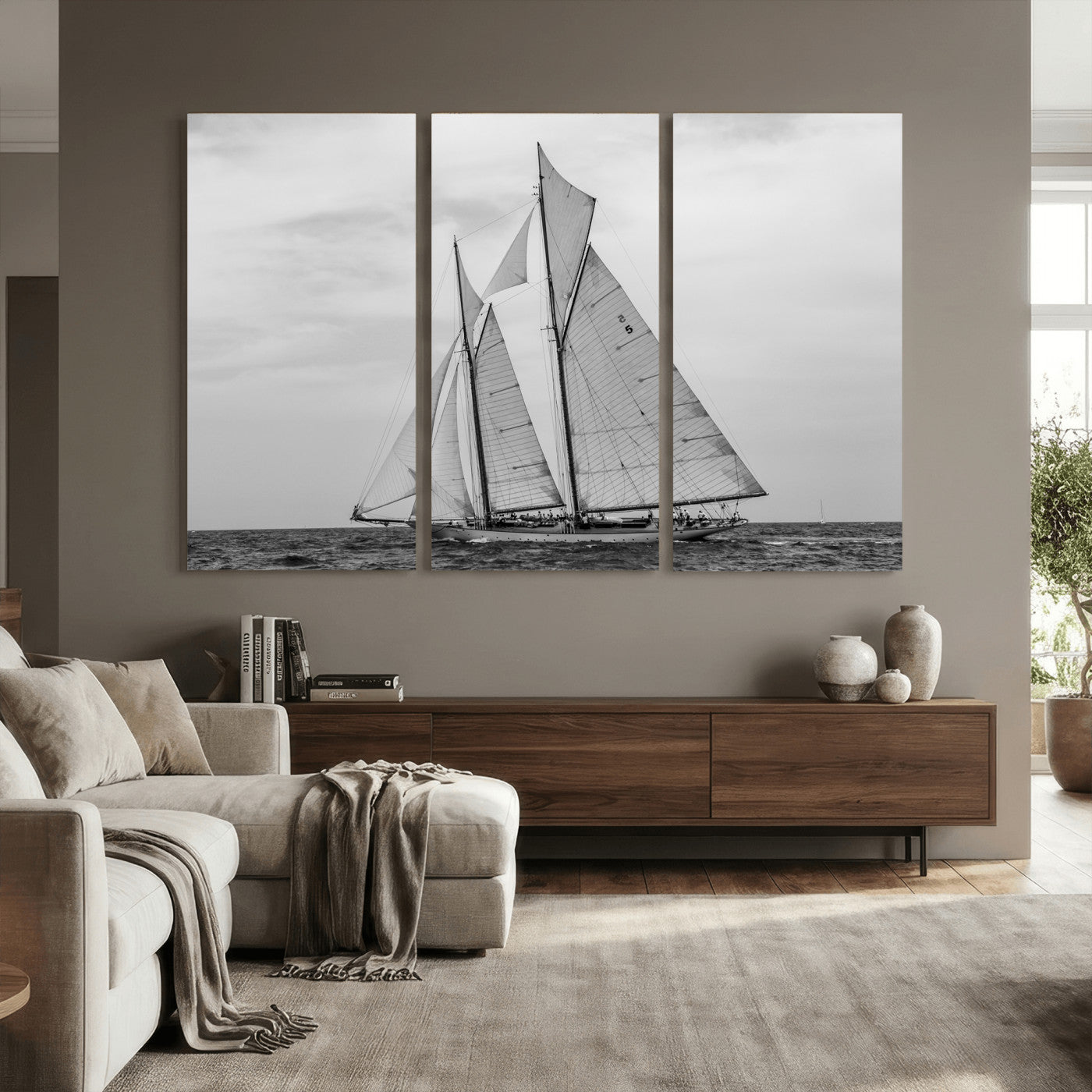52882918-MGV-CV-36X24 - Vintage Sailboat Wall Art Canvas Print, Black and White Schooner Framed Artwork, Nautical Ocean Sailing Decor for Living Room Office Beach House