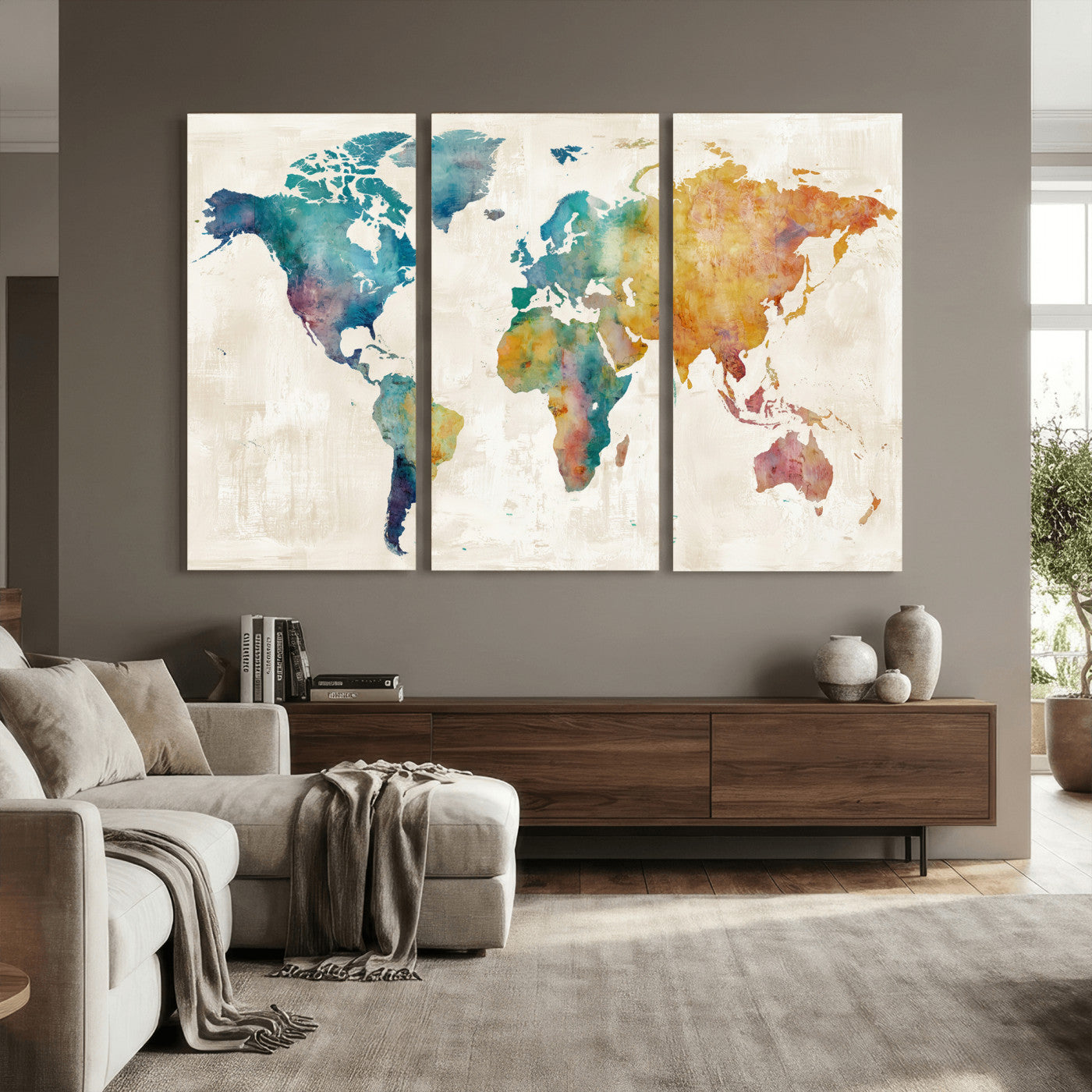 56556018-MGV-CV-36X24 - Watercolor World Map Canvas Wall Art Print – Abstract Colorful Travel Wall Decor