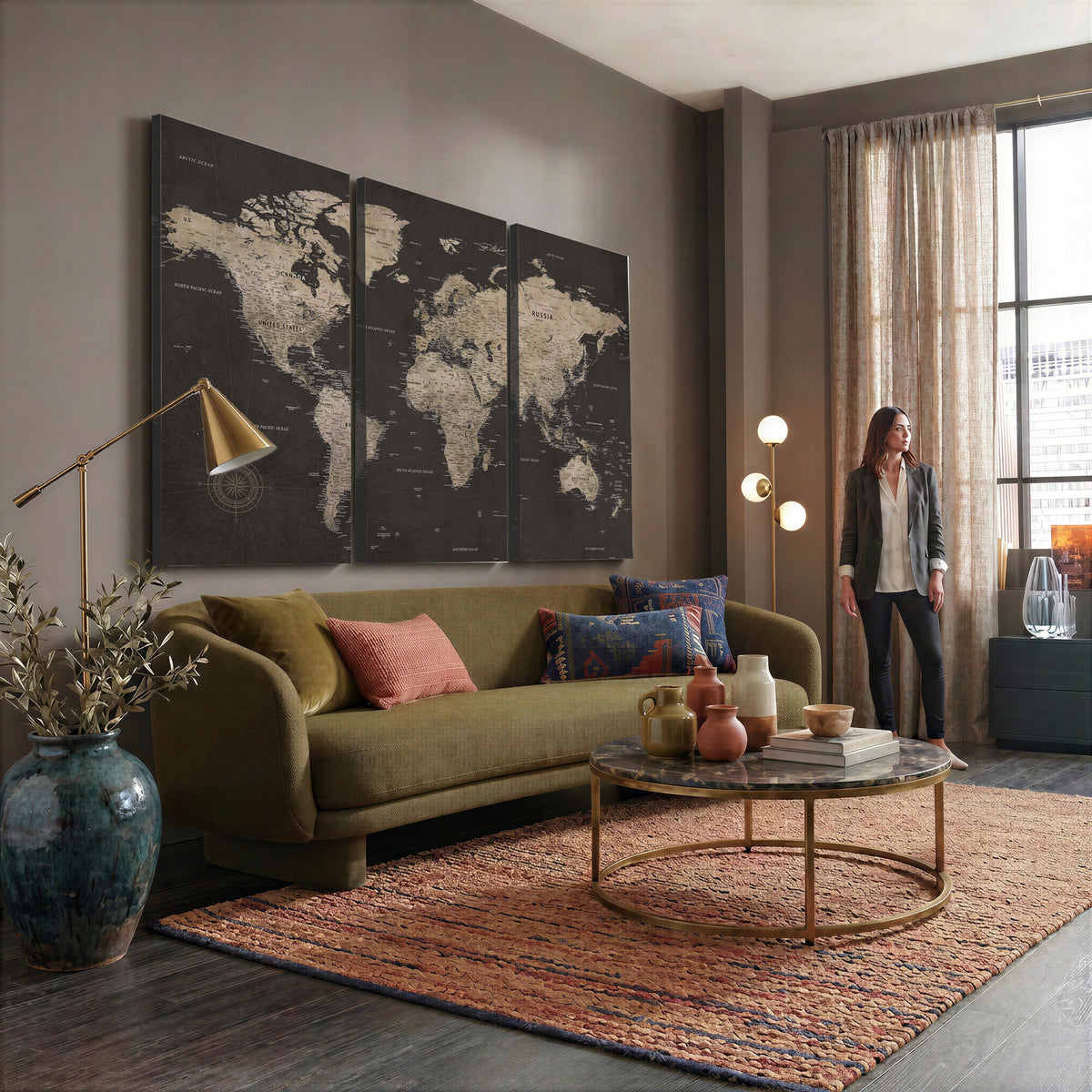 56556018136-MGV-CV-36X24 - World Map Canvas Wall Art, Dark Charcoal and Antique Tan Detailed Map