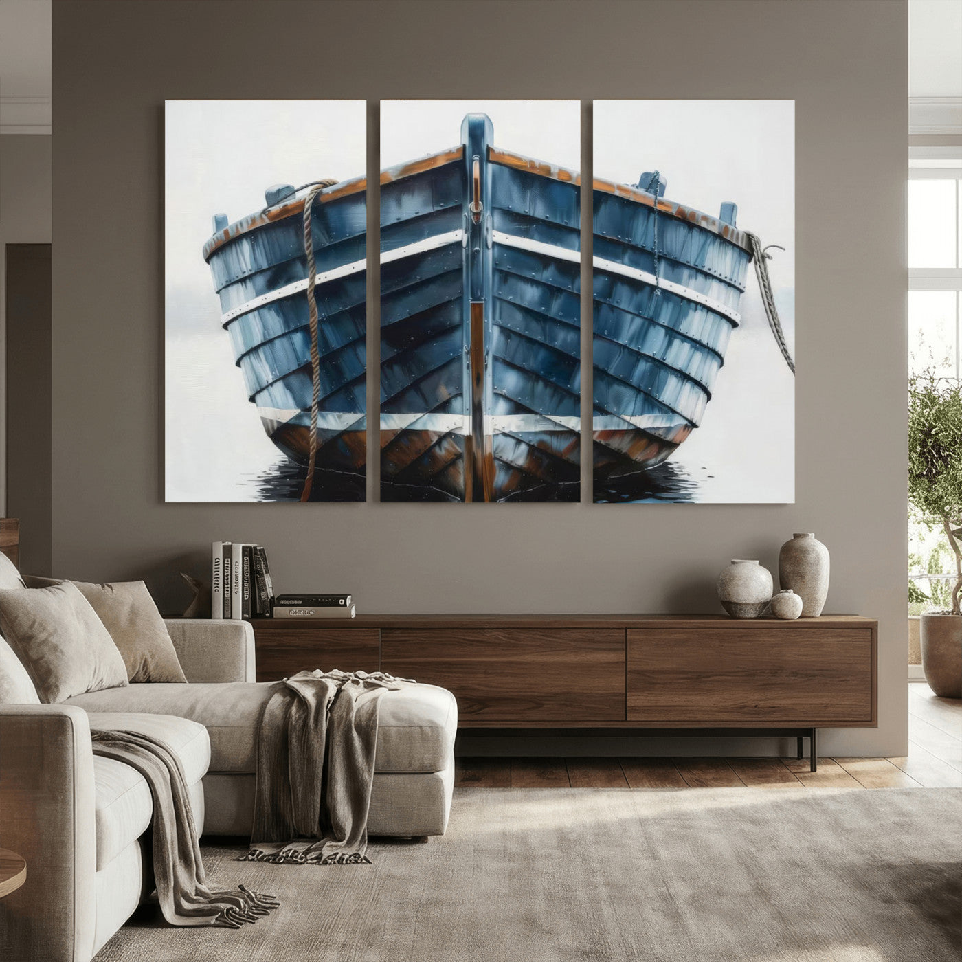 21601740-MGV-CV-36X24 - Blue Wooden Rowboat Canvas Wall Art, Coastal Nautical Boat Painting Print for Lake Beach House Decor, Minimalist Maritime Decor Artwork