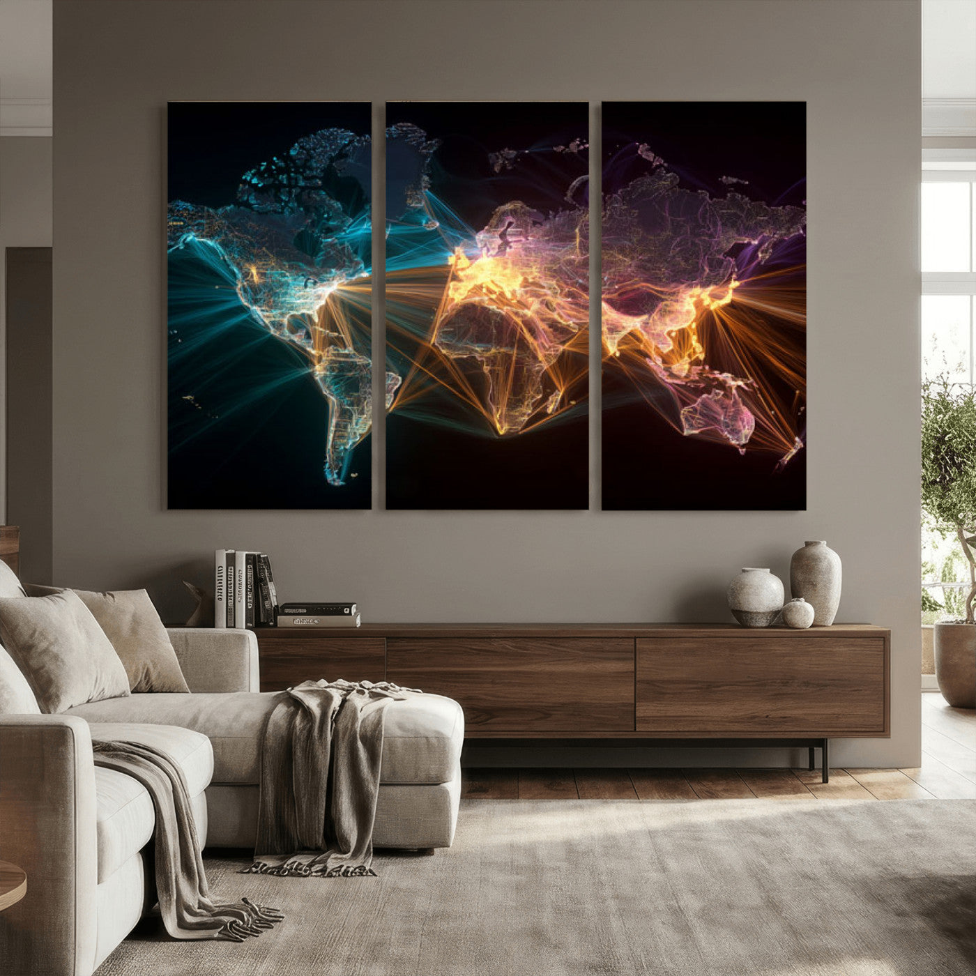 14891737-MGV-CV-36X24 - World Map and Global Flight Routes Map Canvas Wall Art, Worldwide Aviation Network Print, International Air Travel Wall Decor