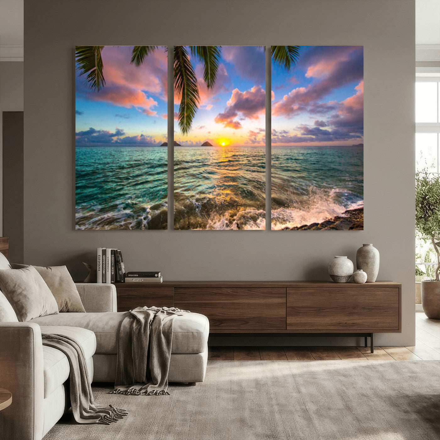 13207742-MGV-CV-36X24 - Hawaii Beach Sunset Canvas Wall Art Print, Tropical Ocean Landscape Artwork, Palm Tree Coastal Decor for Living Room Bedroom