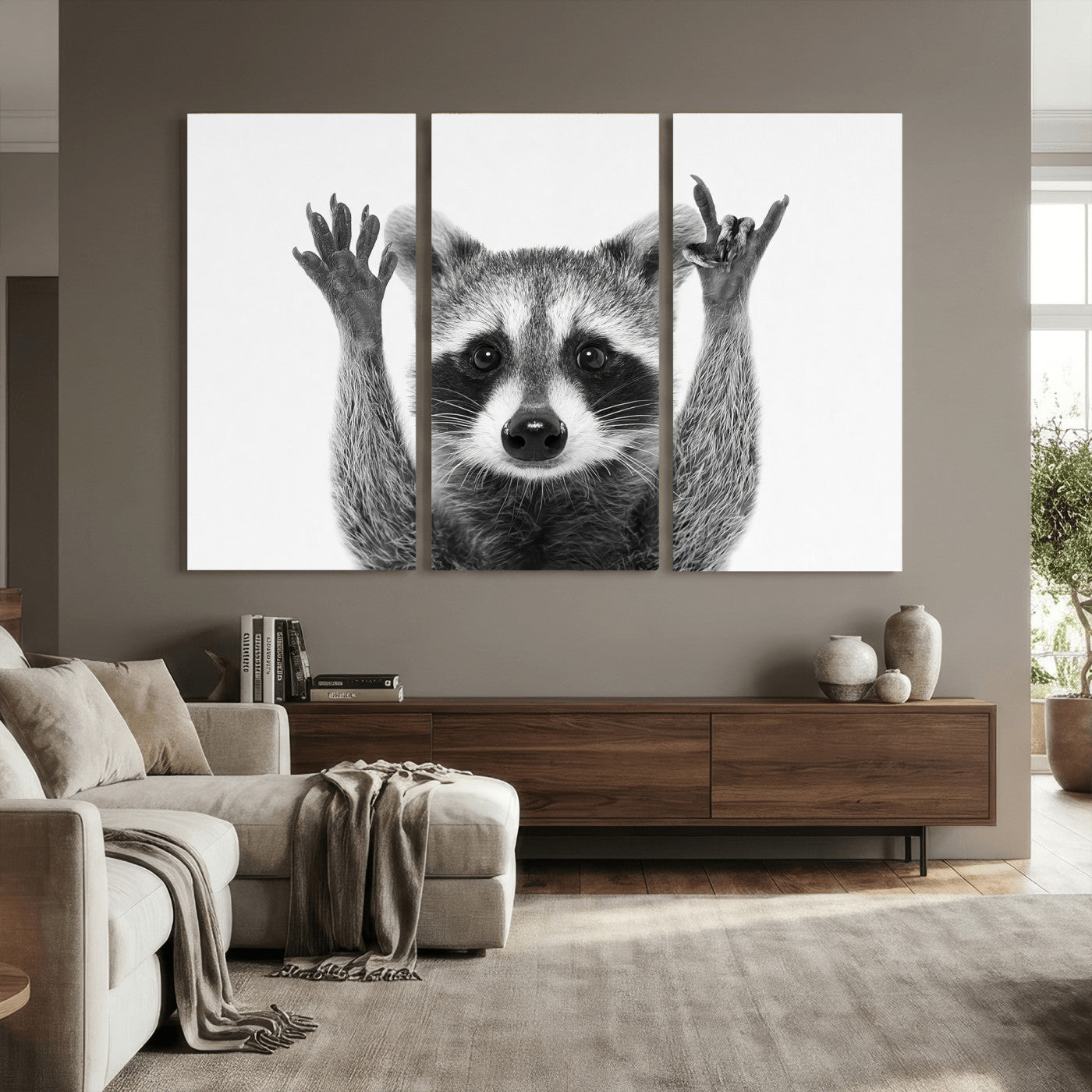 82392228-MGV-CV-36X24 - Funny Raccoon Canvas Wall Art, Black White Hands Up Animal Photo Print, Humorous Wildlife Decor, Kids Room Nursery Art, Quirky Animal Gift
