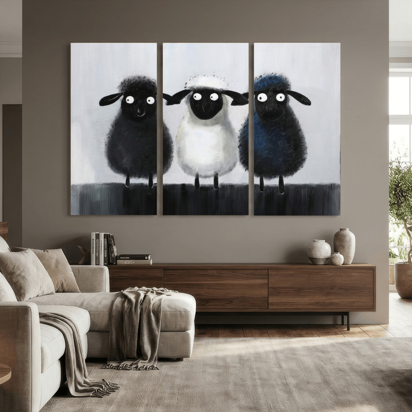 45650028-MGV-CV-36X24 - Funny Sheep Canvas Wall Art, Three Quirky Sheep Painting Print, Cute Animal Nursery Decor, Black White Navy Farmhouse Art, Kids Room Gift