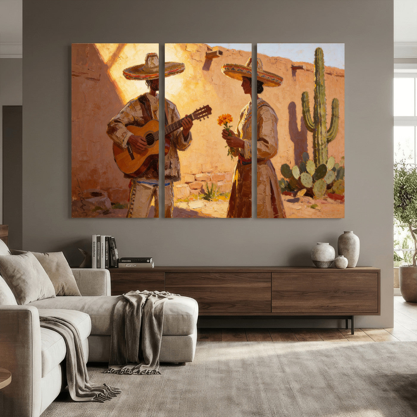 41849005-MGV-CV-36X24 - Mexican Couple Canvas Wall Art, Romantic Serenade Guitar Painting Print, Southwestern Desert Adobe Decor, Warm Golden Folk Art, Living Room Art