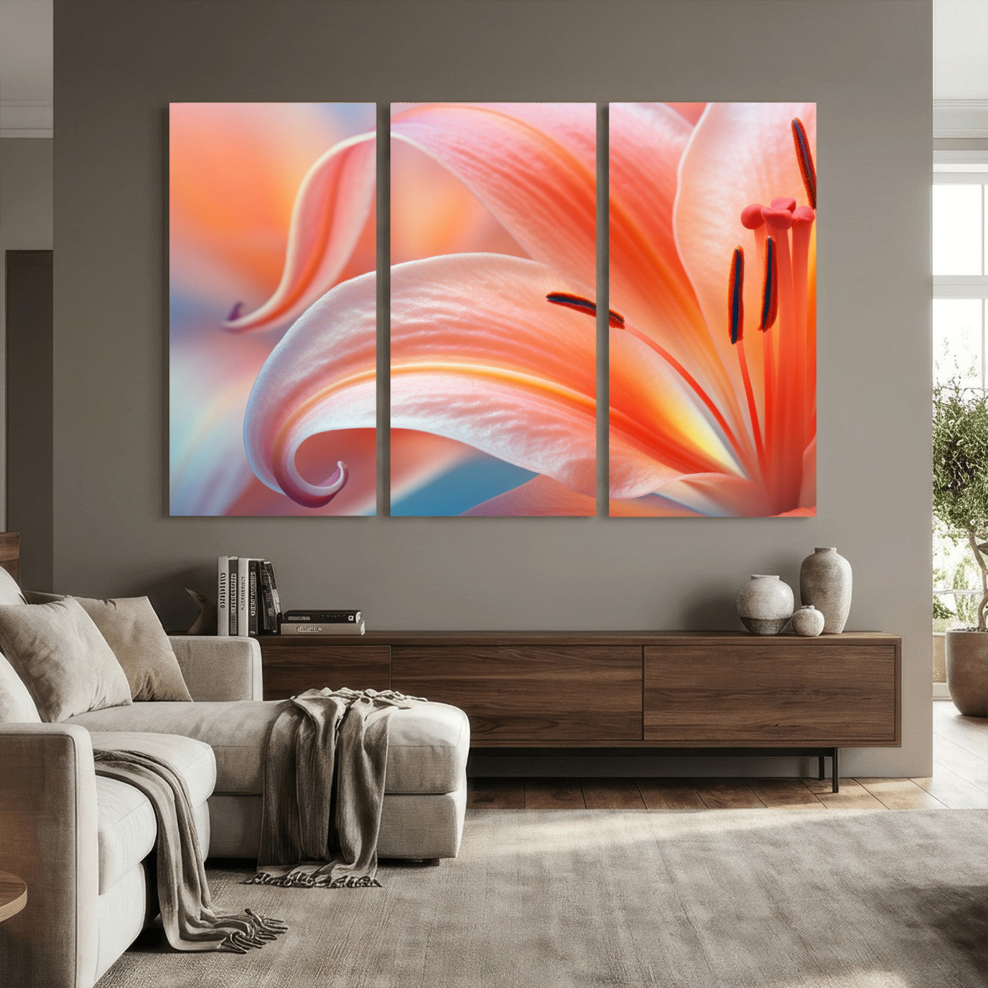 69566231-MGV-CV-36X24 - Peach Lily Canvas Wall Art, Coral Pink Flower Macro Photo Print, Botanical Bedroom Decor, Soft Floral Photography, Living Room Wall Art