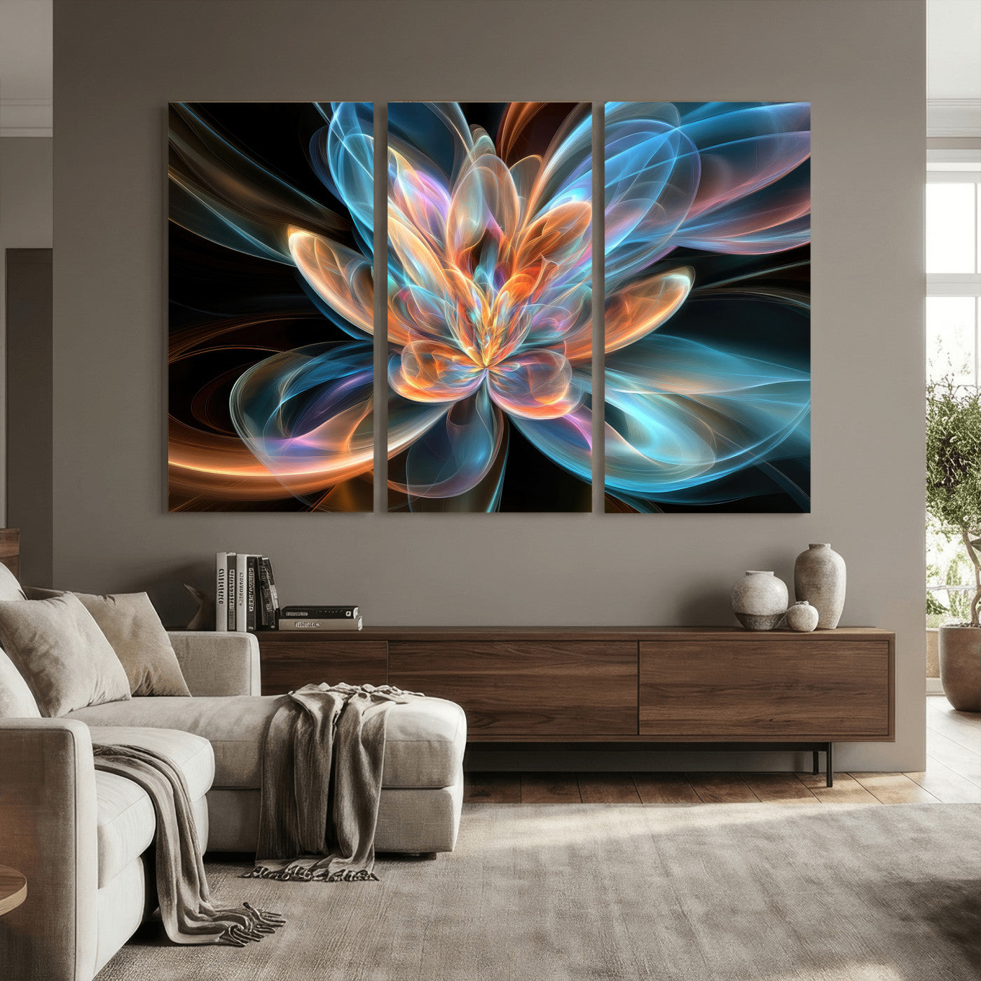 91902283-MGV-CV-36X24 - Fractal Lotus Canvas Wall Art, Blue Orange Glowing Flower Abstract Print, Modern Zen Meditation Room Decor, Ethereal Digital Art, Living Room