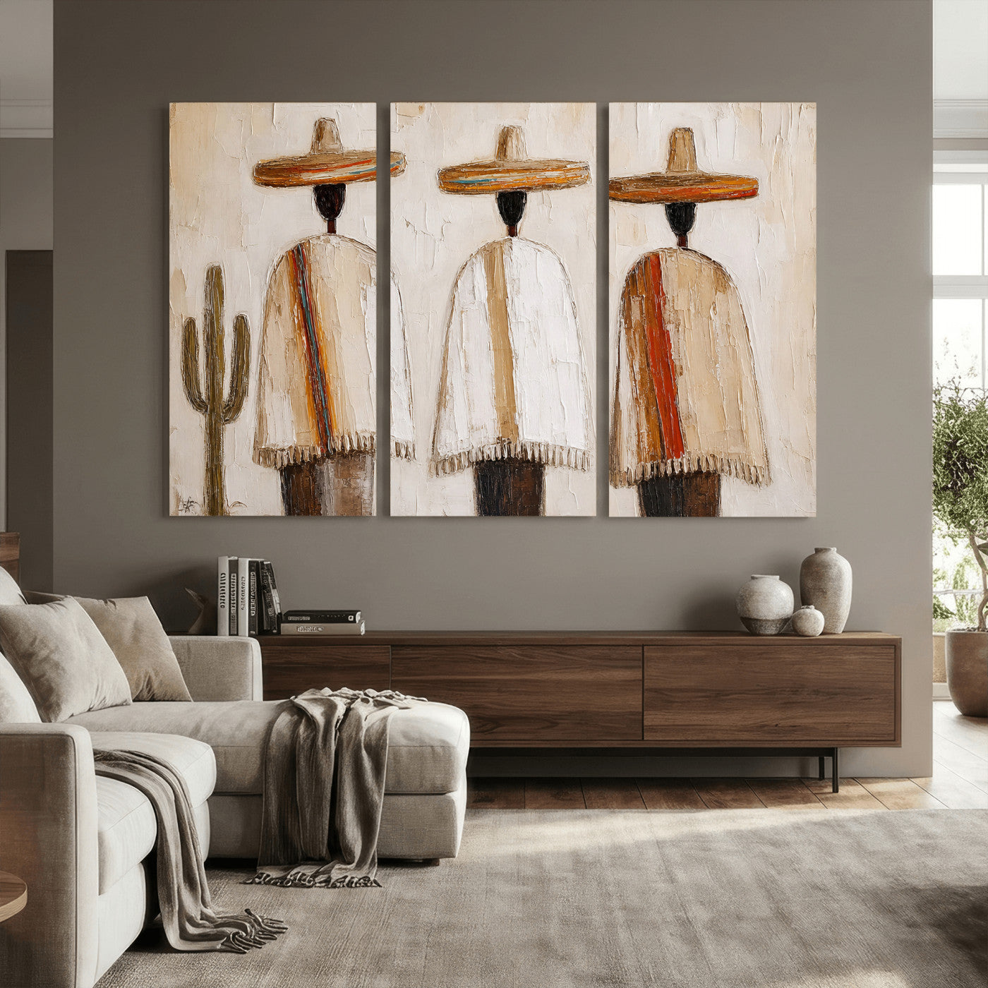 72884785-MGV-CV-36X24 - Mexican Folk Art Canvas Wall Art, Southwestern Sombrero Poncho Painting, Neutral Earthy Boho Decor, Fiesta Living Room Art, Impasto Style Print