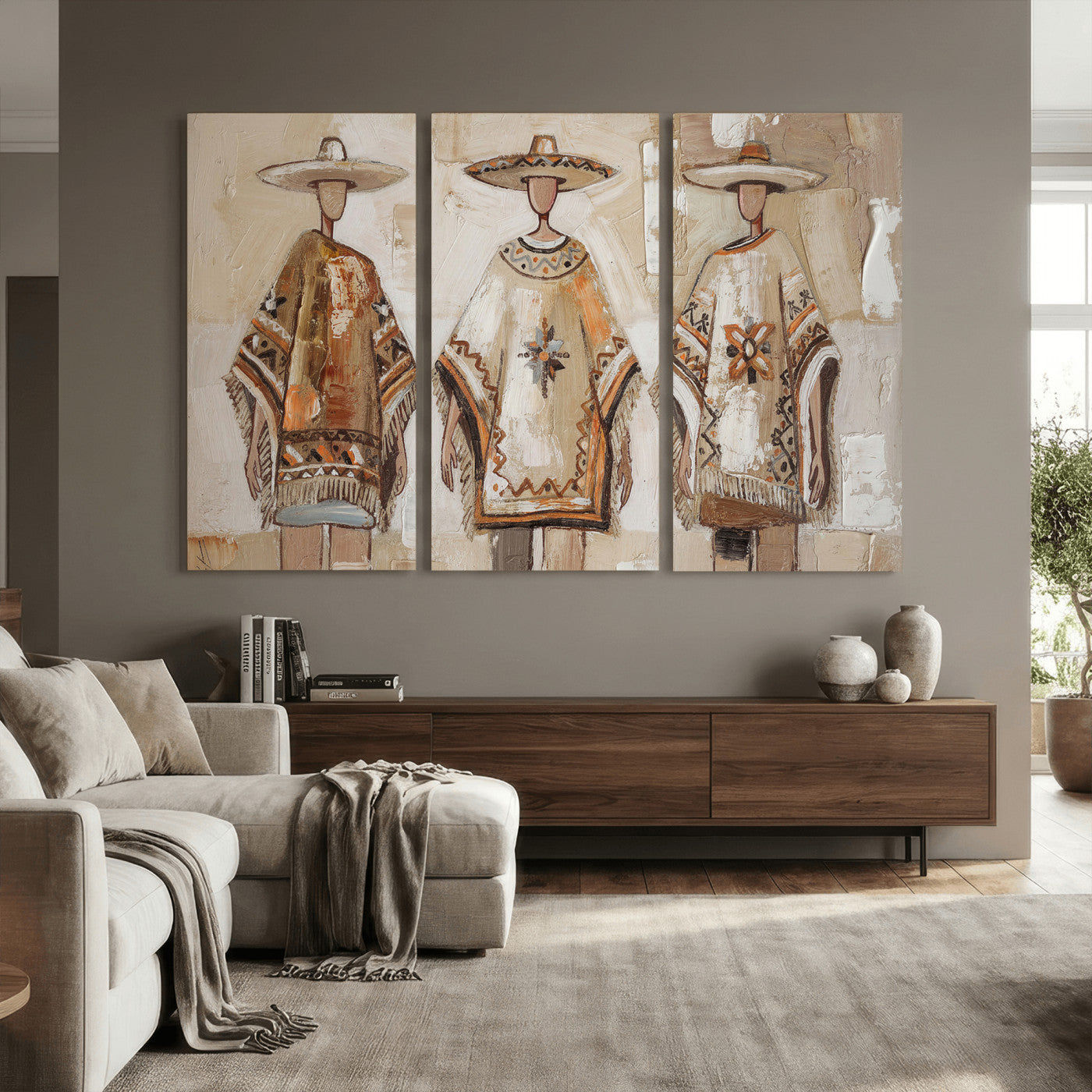 85373290-MGV-CV-36X24 - Mexican Folk Art Canvas Wall Art, Charro Poncho Sombrero Painting Print, Neutral Beige Boho Decor, Southwestern Impasto Style, Living Room Art