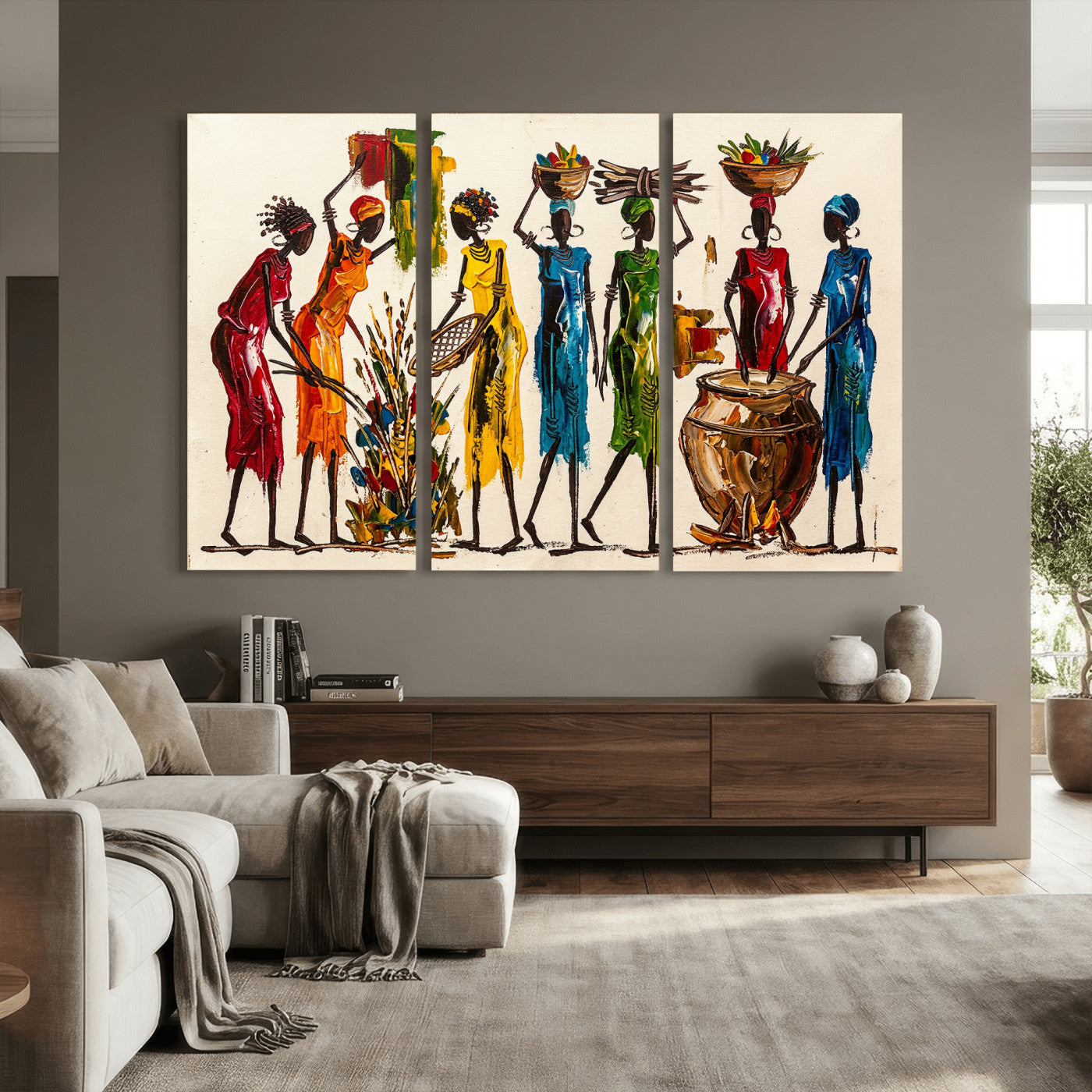 83463154-MGV-CV-36X24 - African Folk Art Canvas Wall Art, Colorful African Women Village Painting Print, Tribal Ethnic Home Decor, Vibrant African Art, Living Room