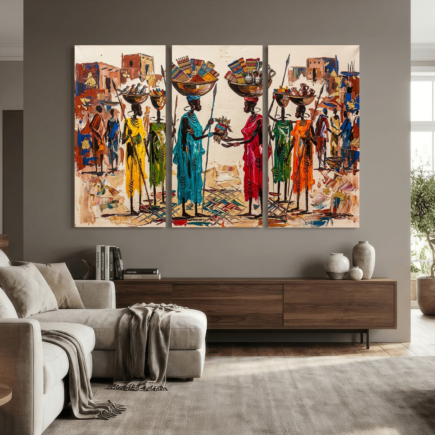 54818657-MGV-CV-36X24 - African Folk Art Canvas Wall Art, Colorful African Women Village Painting Print, Tribal Ethnic Home Decor, Vibrant African Art, Living Room