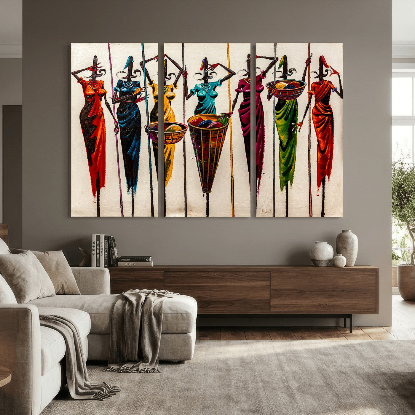53545627-MGV-CV-36X24 - African Folk Art Canvas Wall Art, Colorful African Women Village Painting Print, Tribal Ethnic Home Decor, Vibrant African Art, Living Room