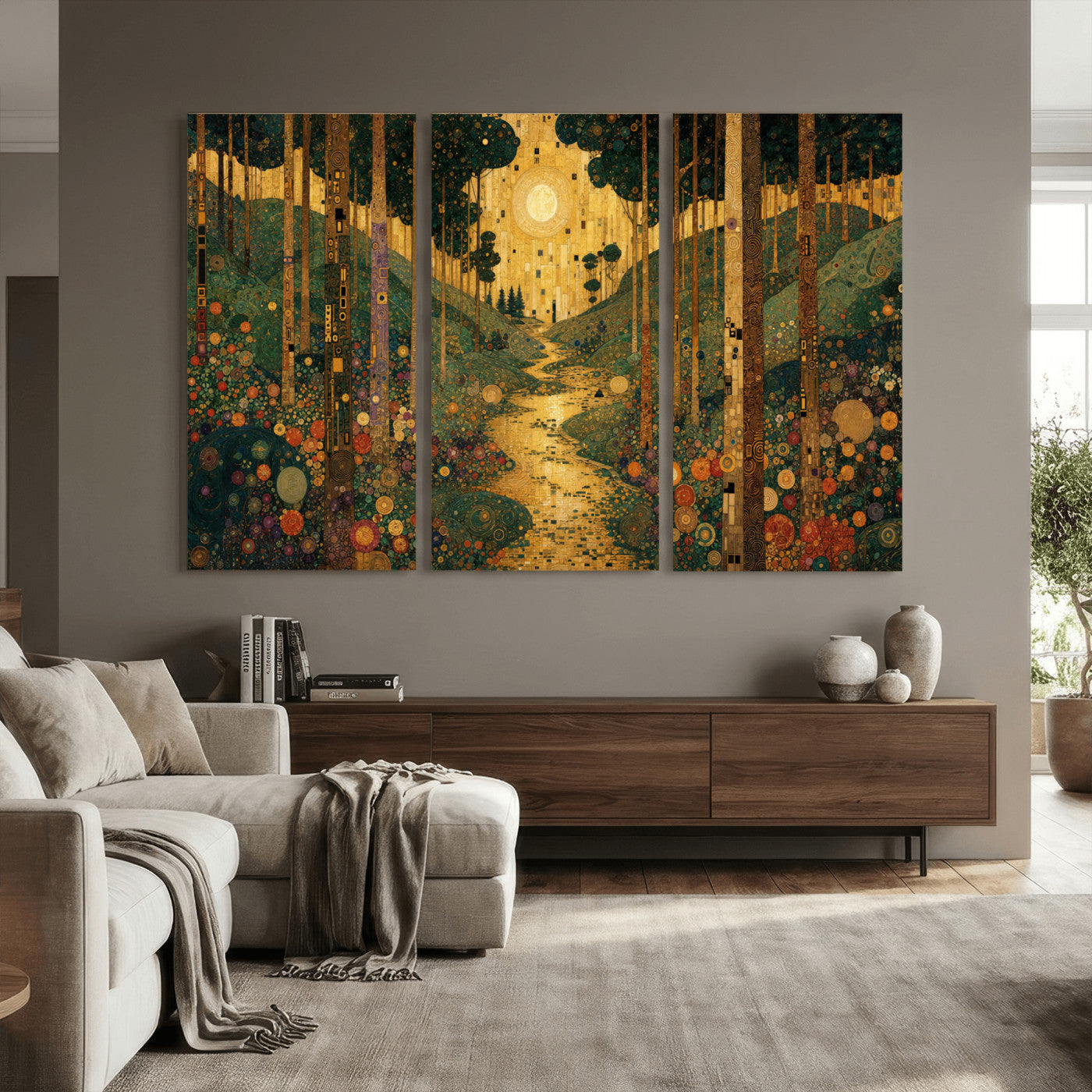 79483321GS-MGV-CV-48X32-3P - Gustav Klimt Style Forest Canvas Wall Art, Golden Forest Path Floral Art Nouveau Print, Enchanted Woodland Decor