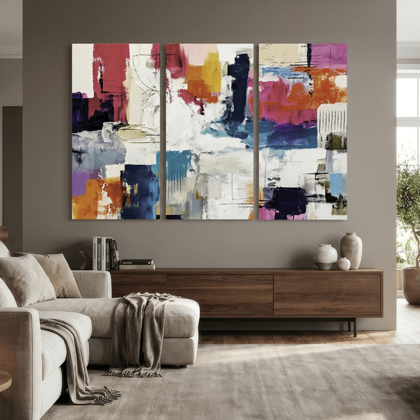 57864023-MGV-CV-36X24 - Blue Teal Abstract Canvas Wall Art, Modern Textured Painting Print, Navy Orange White Contemporary Art, Neutral Living Room Decor, Office Art