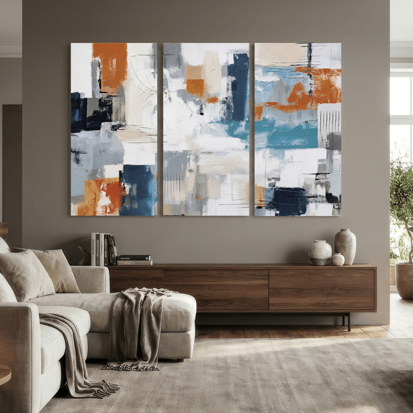 44950303-MGV-CV-36X24 - Blue Teal Abstract Canvas Wall Art, Modern Textured Painting Print, Navy Orange White Contemporary Art, Neutral Living Room Decor, Office Art