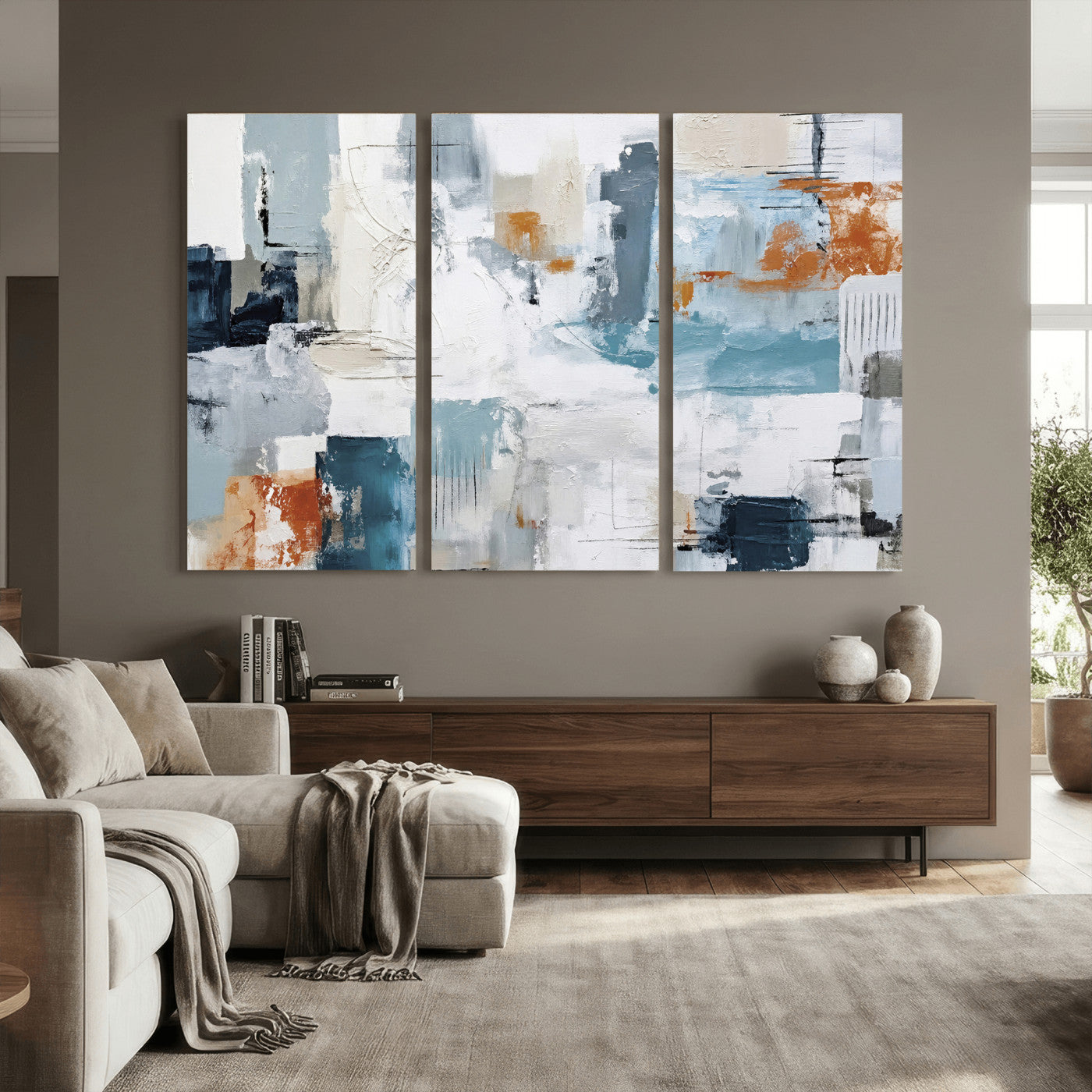 98638479-MGV-CV-36X24 - Blue Teal Abstract Canvas Wall Art, Modern Textured Painting Print, Navy Orange White Contemporary Art, Neutral Living Room Decor, Office Art