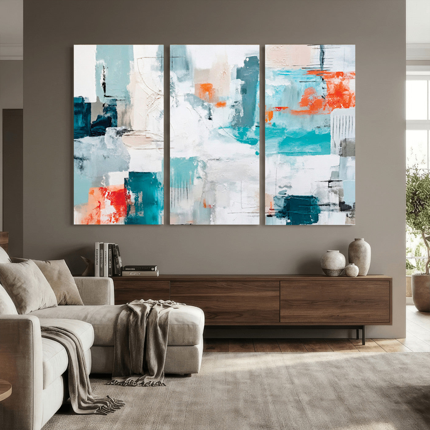 98638479-MGV-CV-36X24 - Blue Teal Abstract Canvas Wall Art | Modern Textured Painting Print, Navy Orange White Contemporary Art, Neutral Living Room Decor, Office Art