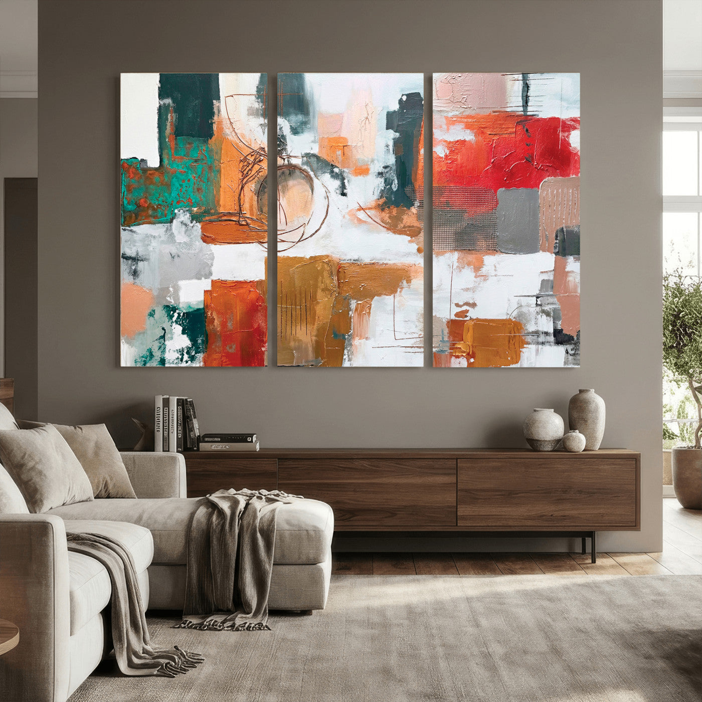 50720312-MGV-CV-36X24 - Blue Teal Abstract Canvas Wall Art | Modern Textured Painting Print, Navy Orange White Contemporary Art, Neutral Living Room Decor, Office Art.