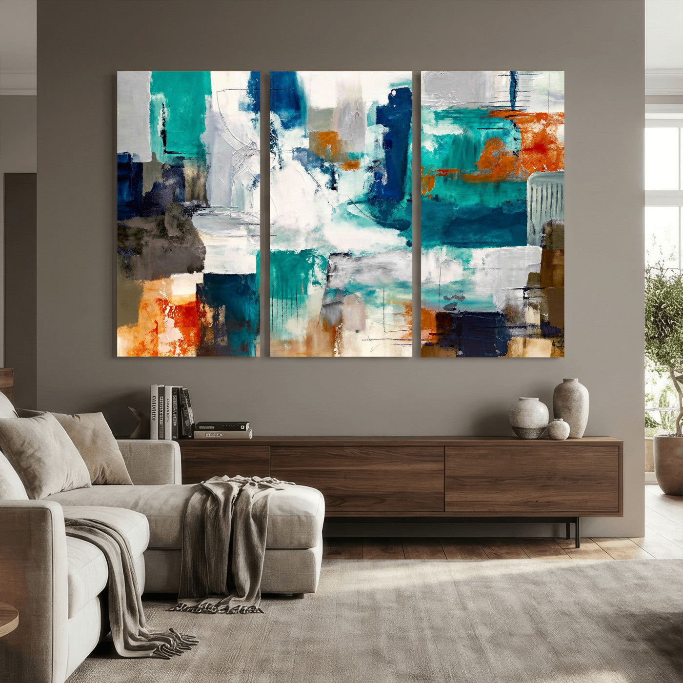 44038089-MGV-CV-36X24 - Blue Teal Abstract Canvas Wall Art, Modern Textured Painting Print, Navy Orange White Contemporary Art, Neutral Living Room Decor, Office Art