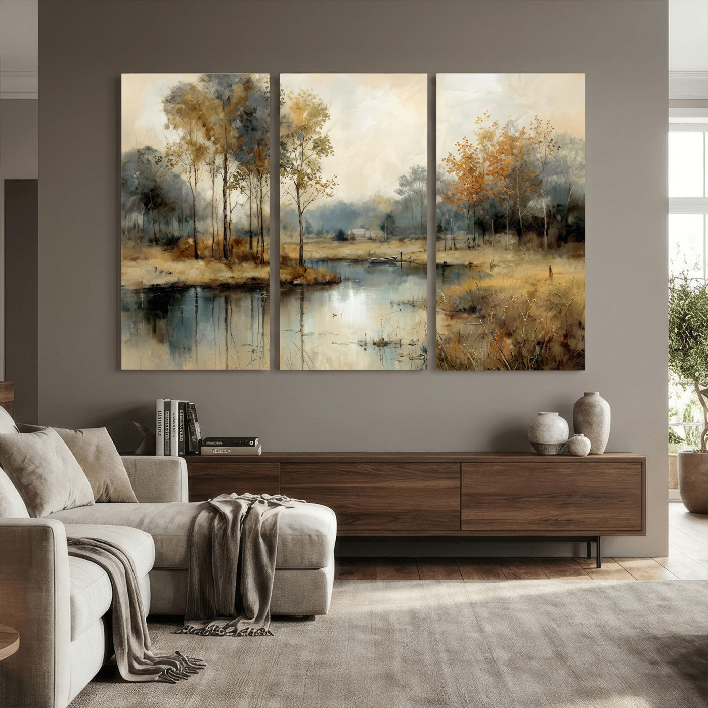 74391095-MGV-CV-36X24 - Abstract WatercolorAutumn Lake Canvas Wall Art Print, Misty Forest Landscape, Rustic Nature Painting, Cabin Wall Decor, Ready to Hang