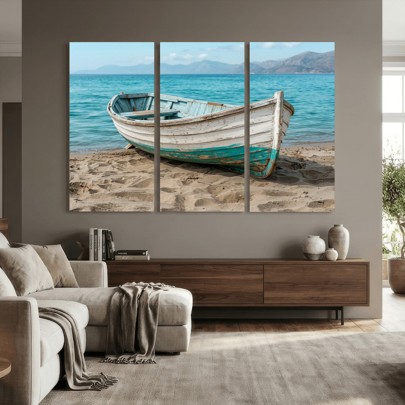 49963709-MGV-CV-36X24 - Coastal Boat Canvas Wall Art Print, Beach Boat Painting, Nautical Ocean Decor, Seascape Wall Art - Ready to Hang
