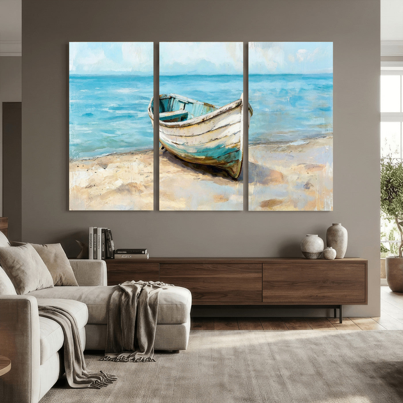 14780565-MGV-CV-36X24 - Coastal Boat Canvas Wall Art Print, Beach Boat Painting, Nautical Ocean Decor, Seascape Wall Art, Ready to Hang